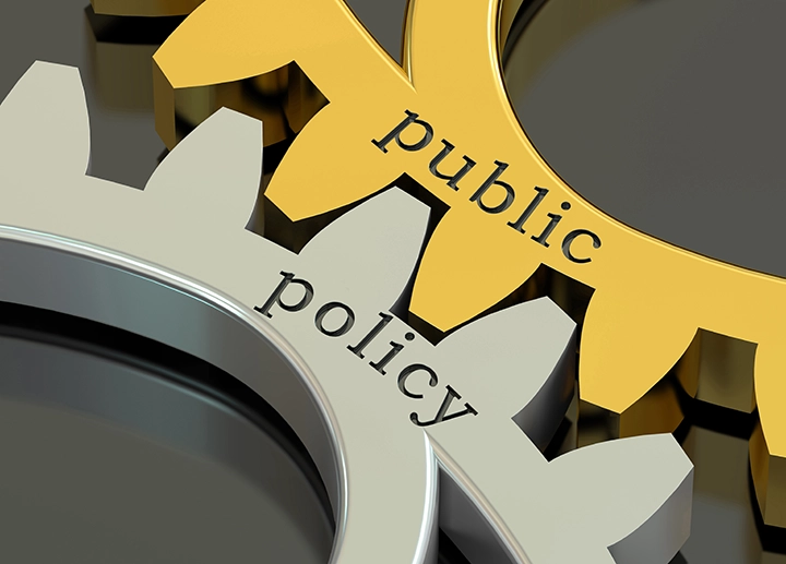 Stock image of two gears -- one silver, one gold -- with the words public or policy on each gear.